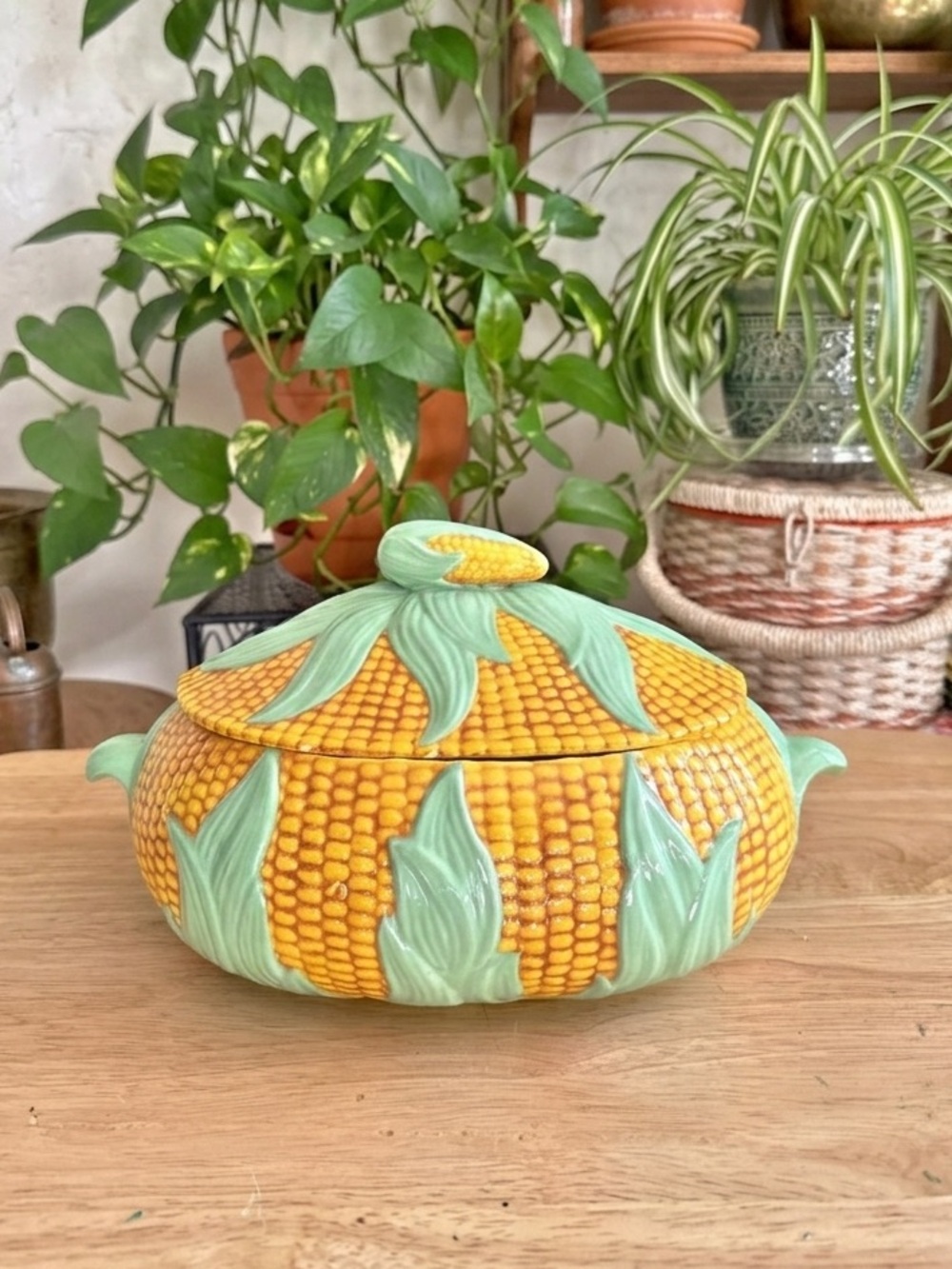 Vintage 1980 Corn Tureen Covered Ceramic Dish Majolica Style Vegetable Server